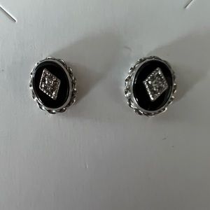 Vintage Onyx and Diamond White Gold Pierced  Earrings